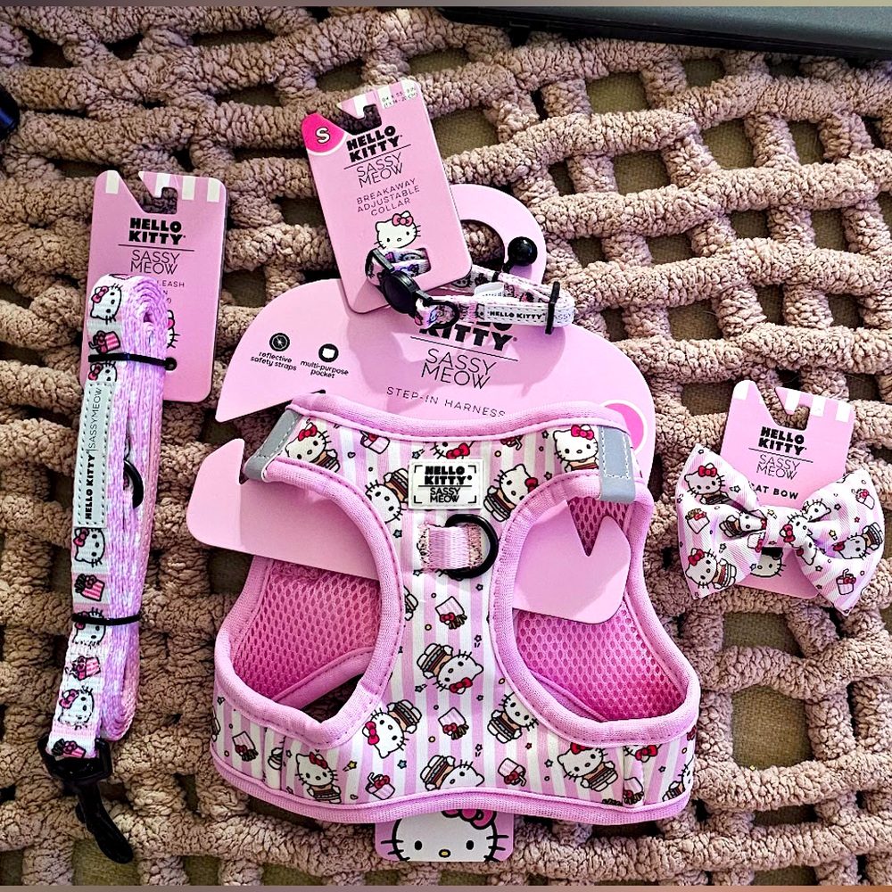 Sassy Meow Hello Kitty Pink Stripe Harness, Collar, Bow, Matching Leash (S)